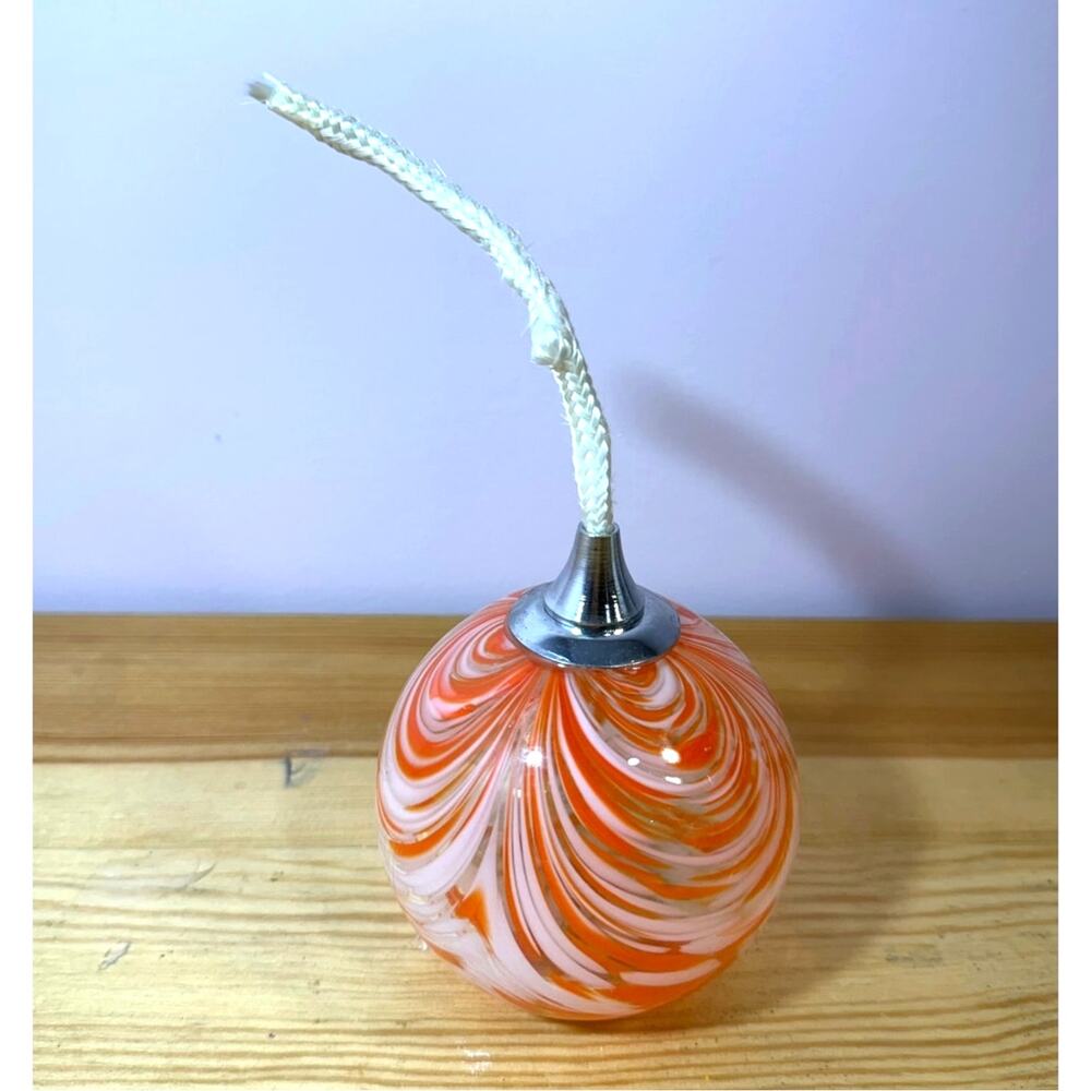 Vintage Hand Blown Art Glass Oil Lamp Orange White Swirl Mini Spirit Lamp